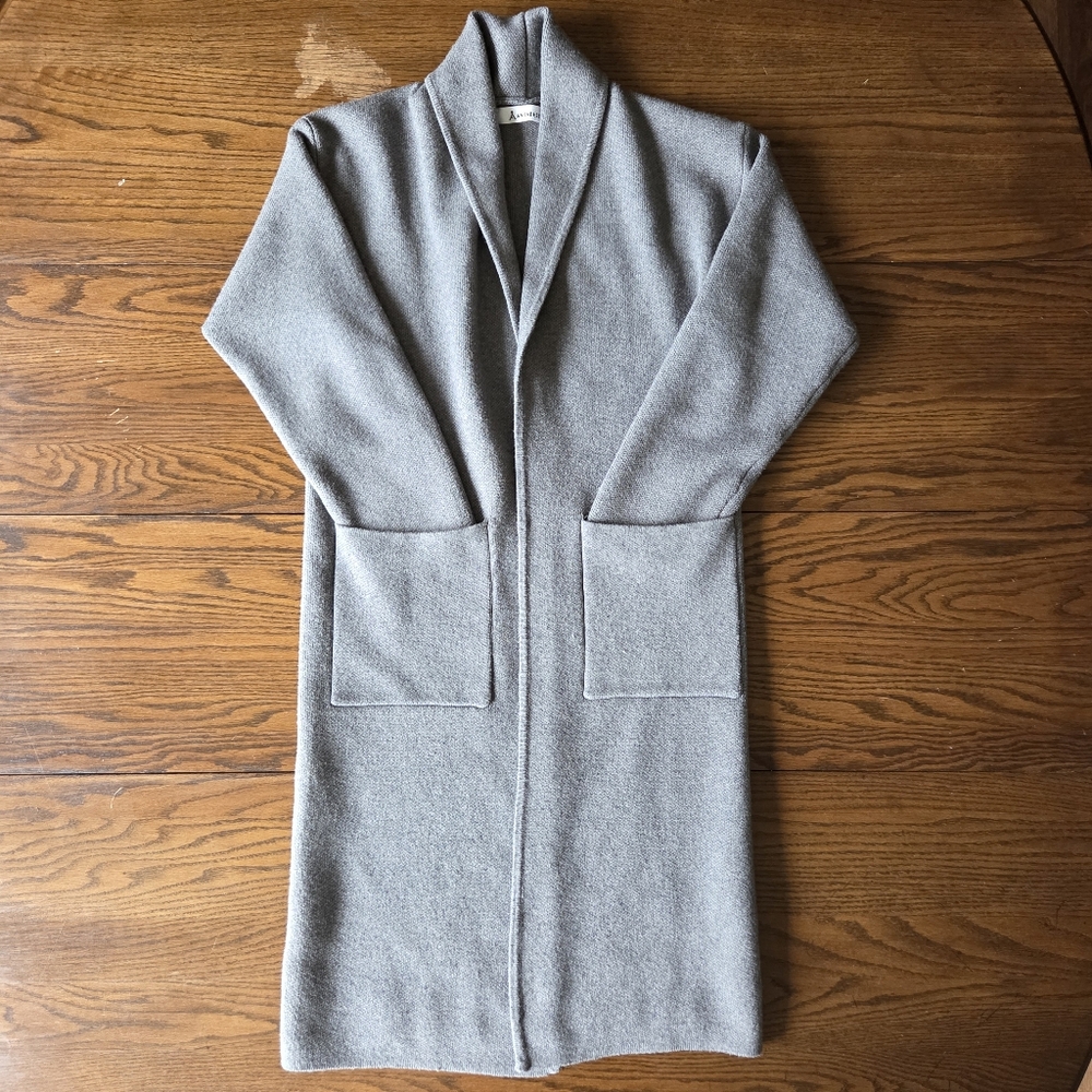 Anrabess Cardigan Long Sweater Women's SM Grey Collared Open Front Pockets EUC